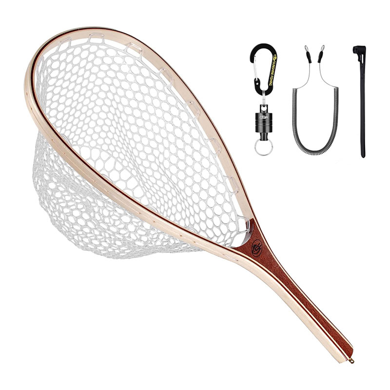 SF fishing landing net with rubber-coated silicone mesh and magnetic clip
