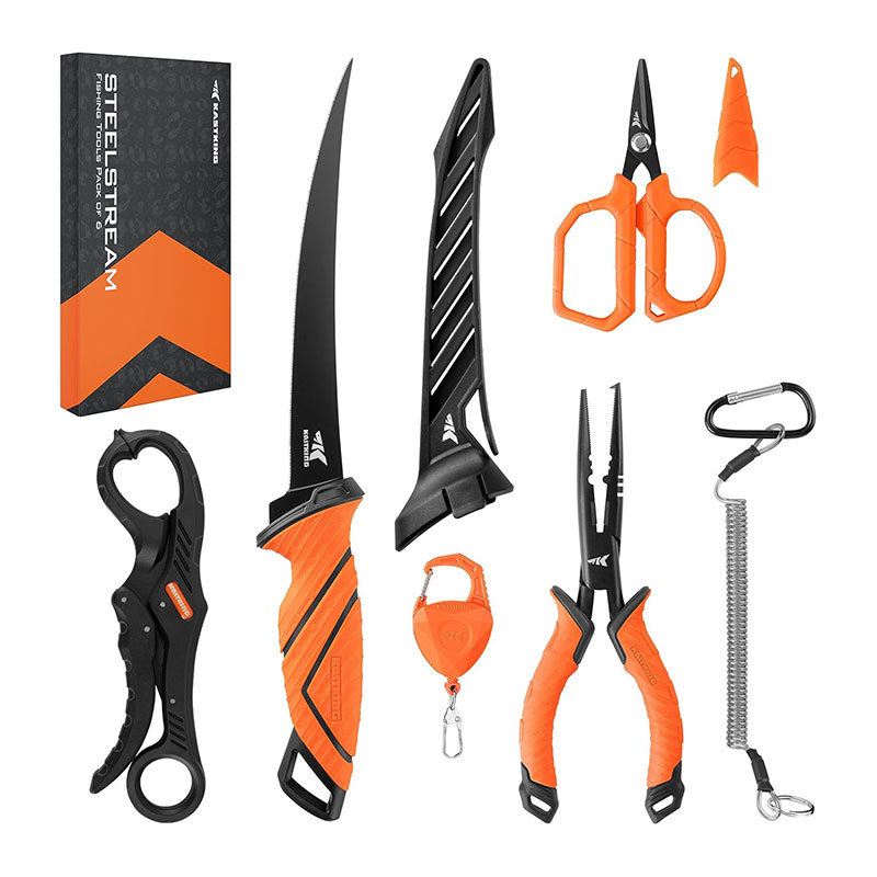 KastKing SteelStream 6-piece fishing tool kit with pliers, line cutters, and fish gripper